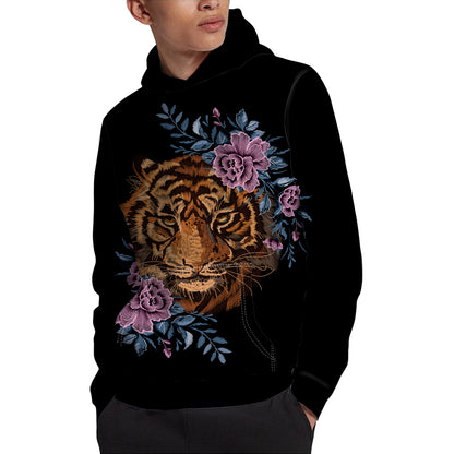Embroidery Tiger And Flower Print Pullover Hoodie