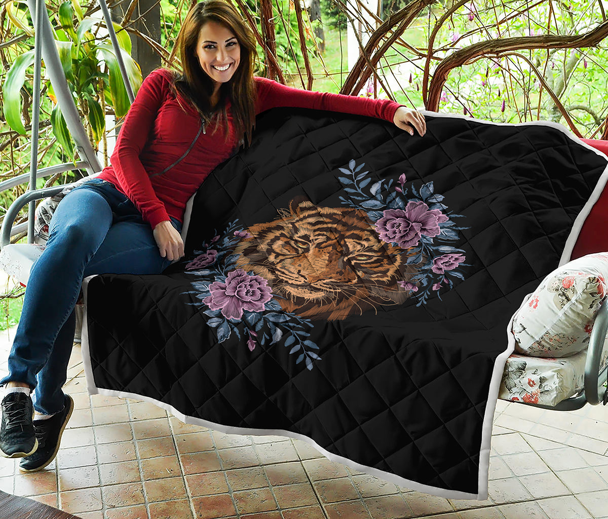 Embroidery Tiger And Flower Print Quilt