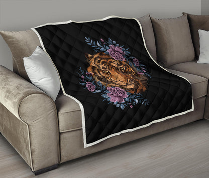 Embroidery Tiger And Flower Print Quilt