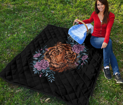 Embroidery Tiger And Flower Print Quilt