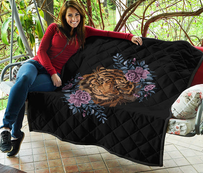 Embroidery Tiger And Flower Print Quilt