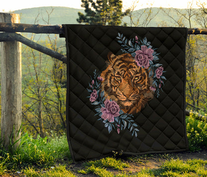 Embroidery Tiger And Flower Print Quilt