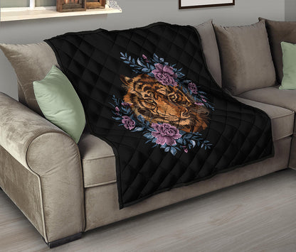 Embroidery Tiger And Flower Print Quilt