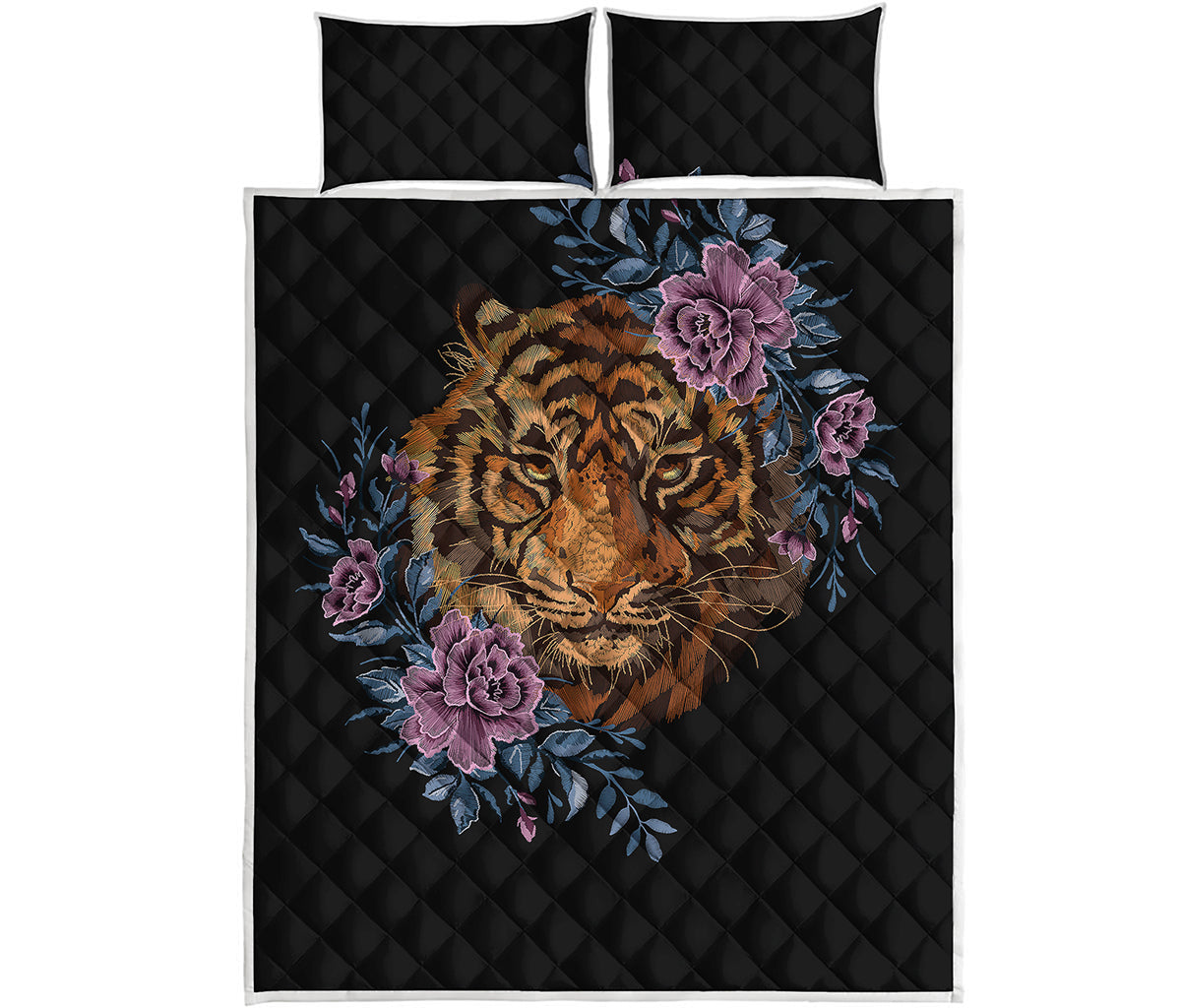 Embroidery Tiger And Flower Print Quilt Bed Set