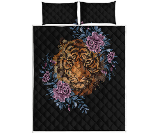 Embroidery Tiger And Flower Print Quilt Bed Set