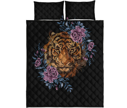 Embroidery Tiger And Flower Print Quilt Bed Set