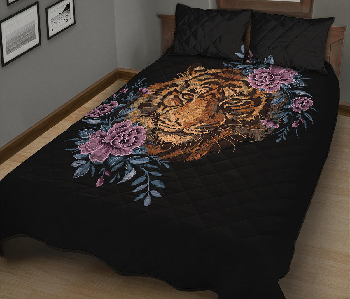 Embroidery Tiger And Flower Print Quilt Bed Set