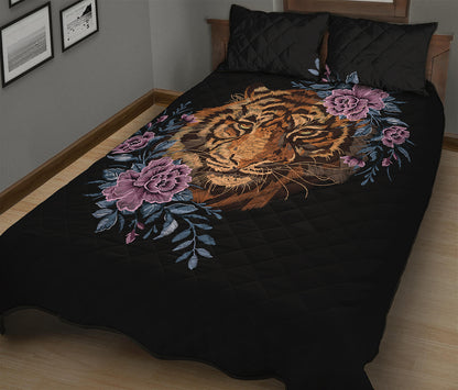 Embroidery Tiger And Flower Print Quilt Bed Set
