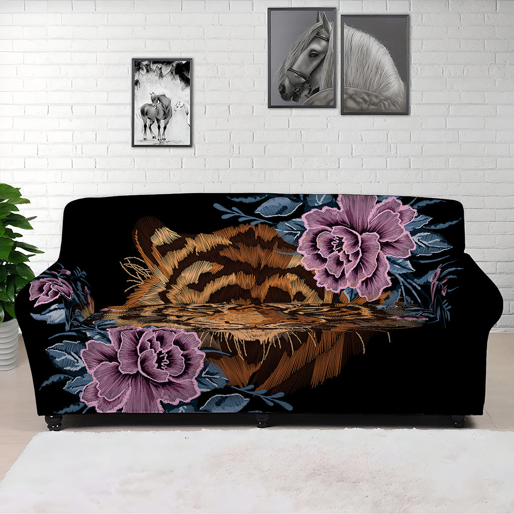 Embroidery Tiger And Flower Print Sofa Cover