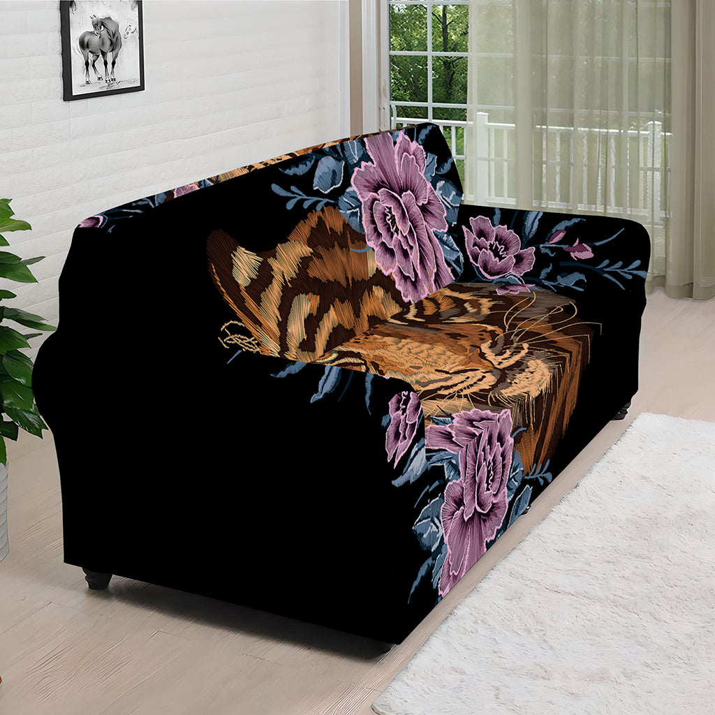 Embroidery Tiger And Flower Print Sofa Cover