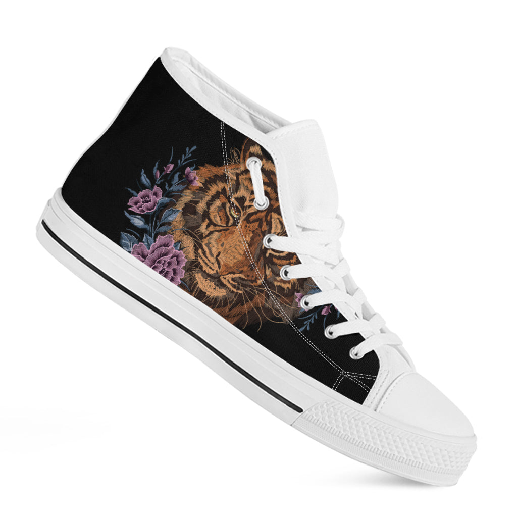 Embroidery Tiger And Flower Print White High Top Shoes