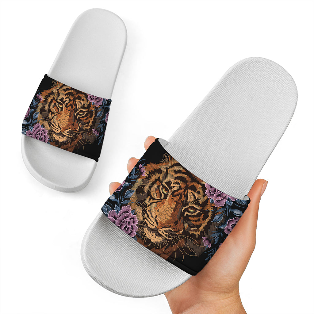 Embroidery Tiger And Flower Print White Slide Sandals