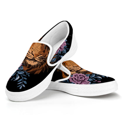 Embroidery Tiger And Flower Print White Slip On Shoes
