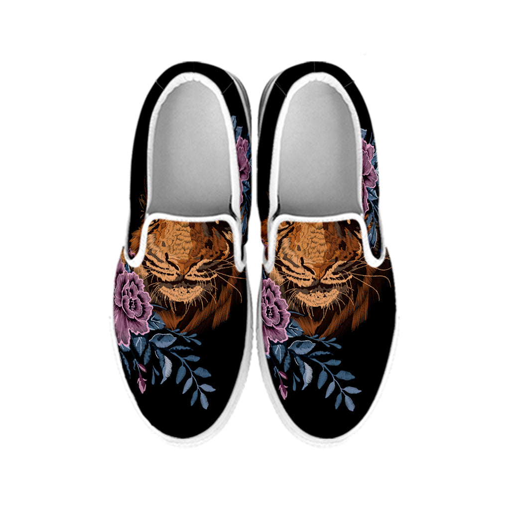 Embroidery Tiger And Flower Print White Slip On Shoes