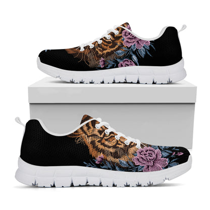 Embroidery Tiger And Flower Print White Sneakers