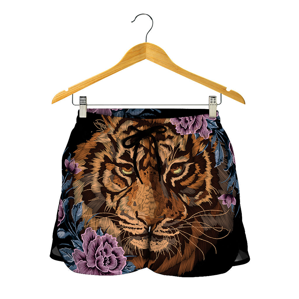 Embroidery Tiger And Flower Print Women's Shorts