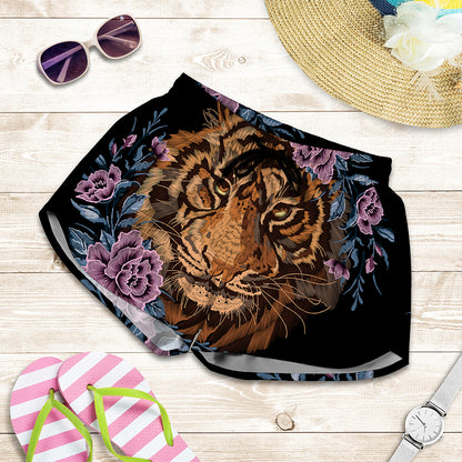 Embroidery Tiger And Flower Print Women's Shorts