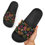 Embroidery Tropical Pattern Print Black Slide Sandals