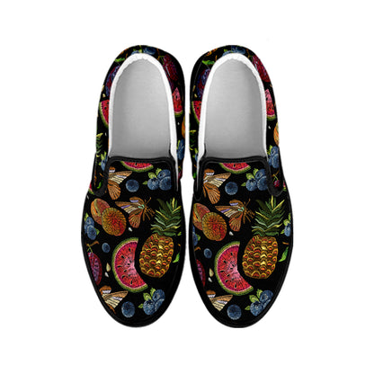 Embroidery Tropical Pattern Print Black Slip On Shoes
