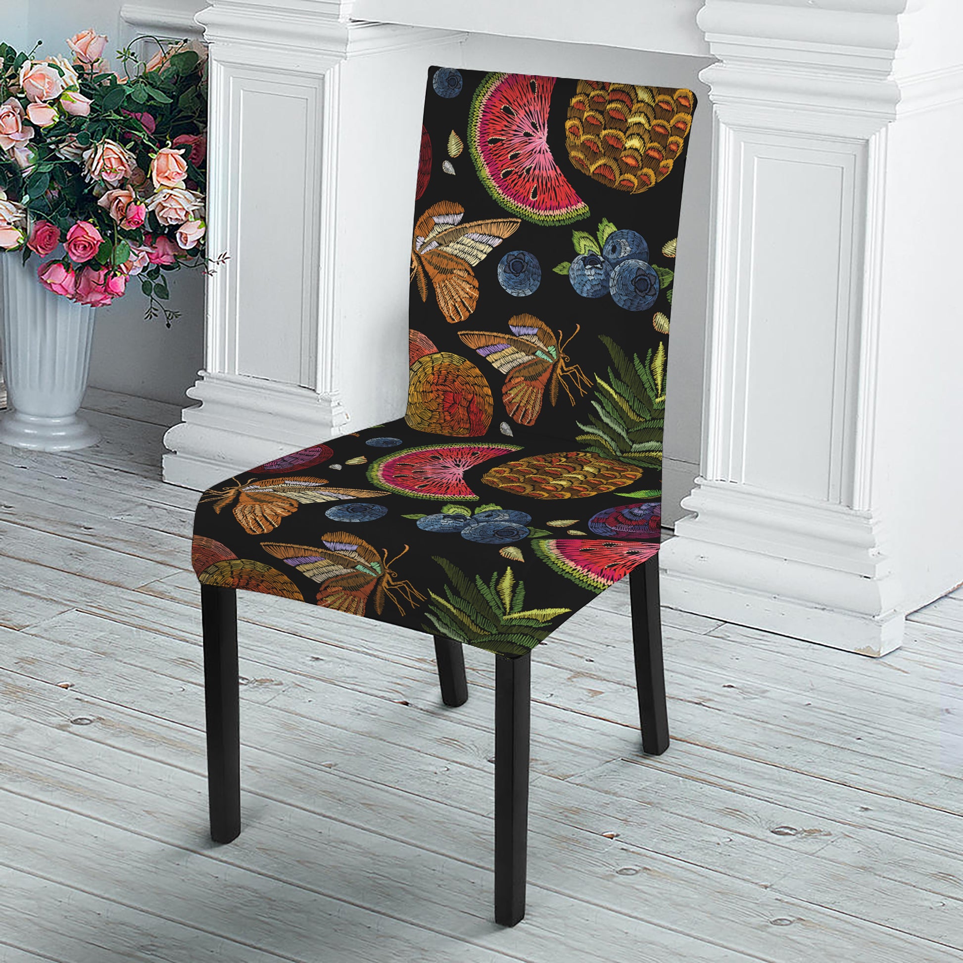 Embroidery Tropical Pattern Print Dining Chair Slipcover