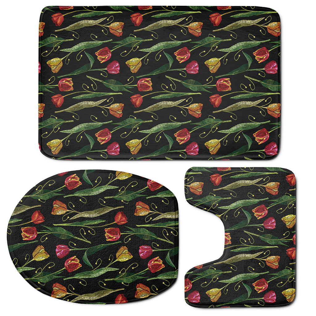 Embroidery Tulip Pattern Print 3 Piece Bath Mat Set