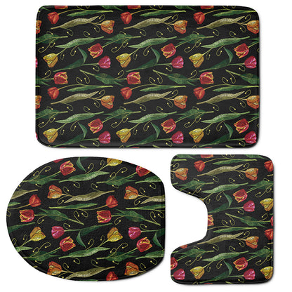 Embroidery Tulip Pattern Print 3 Piece Bath Mat Set