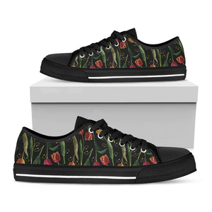 Embroidery Tulip Pattern Print Black Low Top Shoes