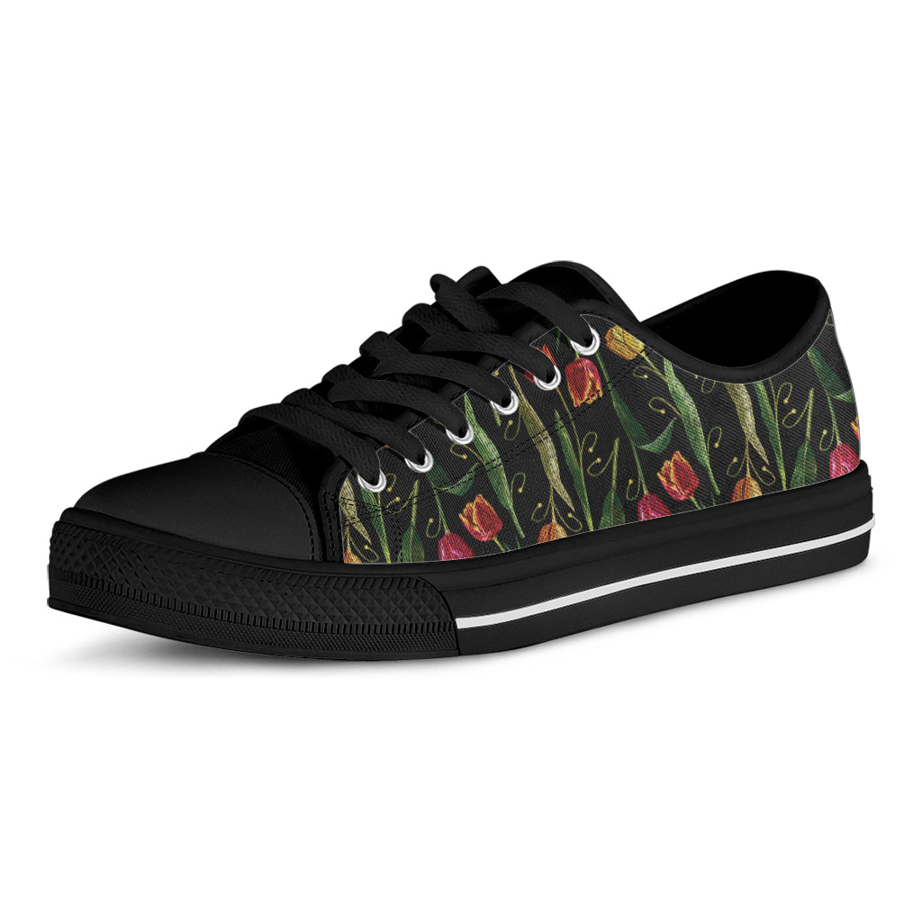 Embroidery Tulip Pattern Print Black Low Top Shoes