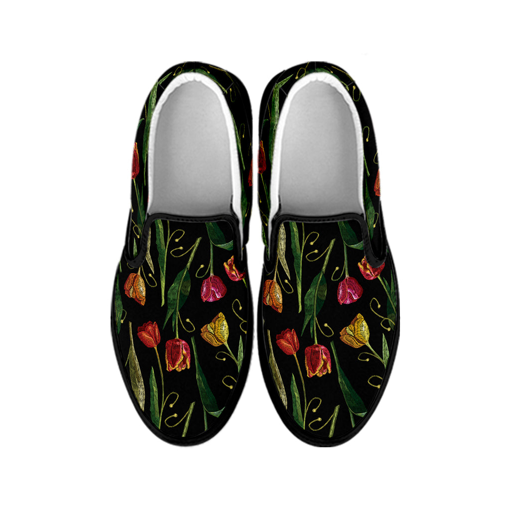 Embroidery Tulip Pattern Print Black Slip On Shoes