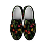 Embroidery Tulip Pattern Print Black Slip On Shoes