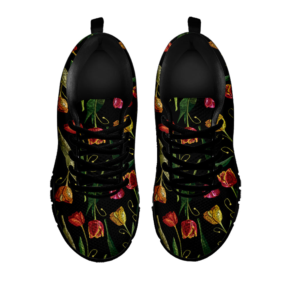 Embroidery Tulip Pattern Print Black Sneakers