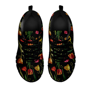 Embroidery Tulip Pattern Print Black Sneakers