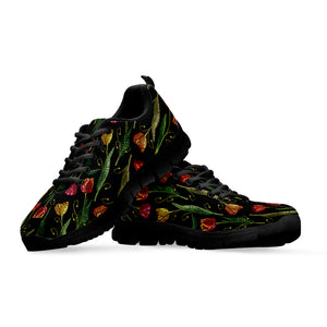 Embroidery Tulip Pattern Print Black Sneakers