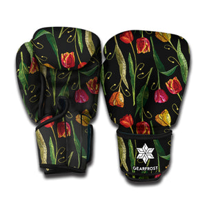 Embroidery Tulip Pattern Print Boxing Gloves