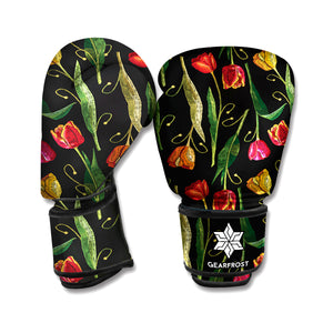 Embroidery Tulip Pattern Print Boxing Gloves