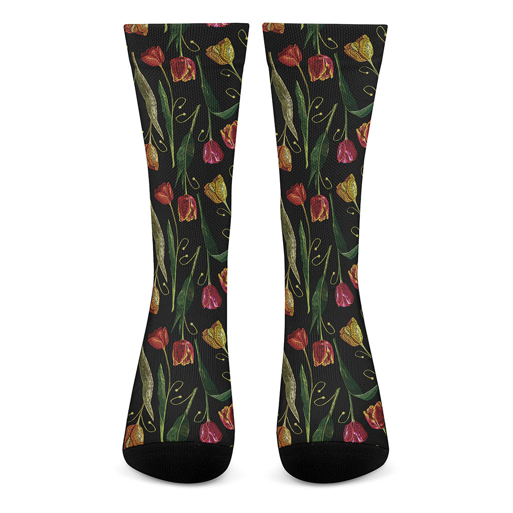 Embroidery Tulip Pattern Print Crew Socks