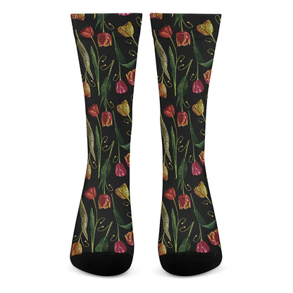 Embroidery Tulip Pattern Print Crew Socks