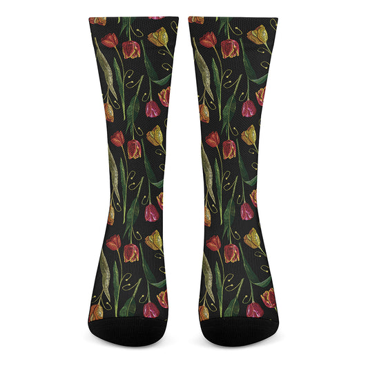 Embroidery Tulip Pattern Print Crew Socks