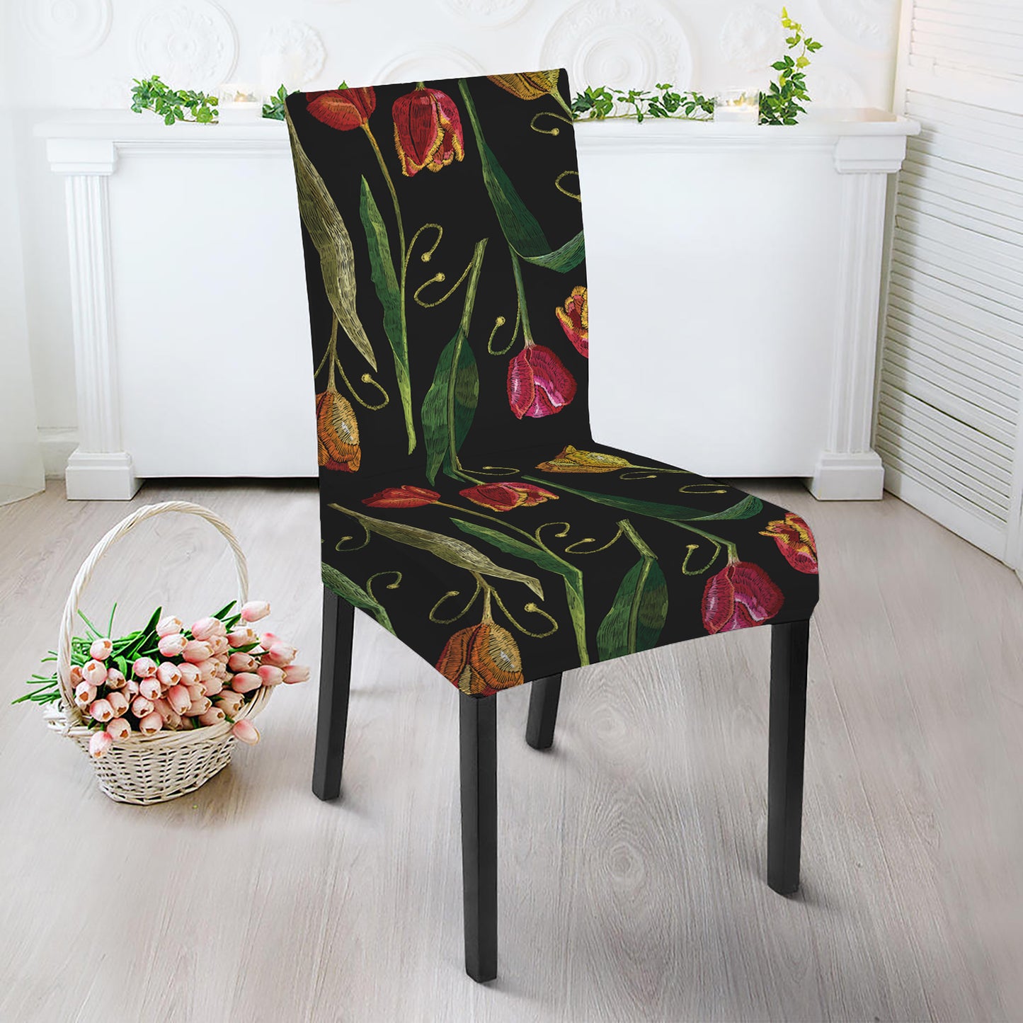 Embroidery Tulip Pattern Print Dining Chair Slipcover