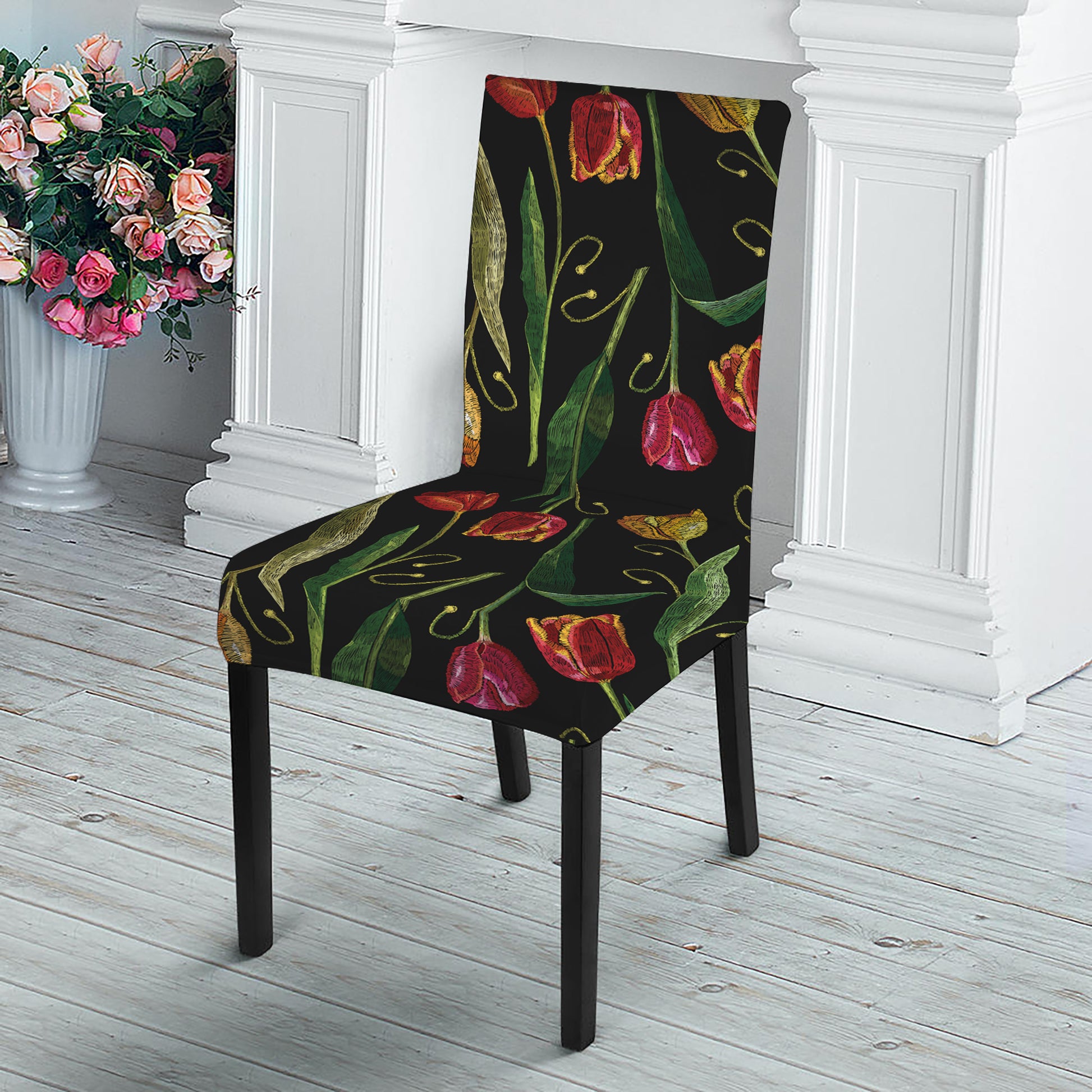 Embroidery Tulip Pattern Print Dining Chair Slipcover