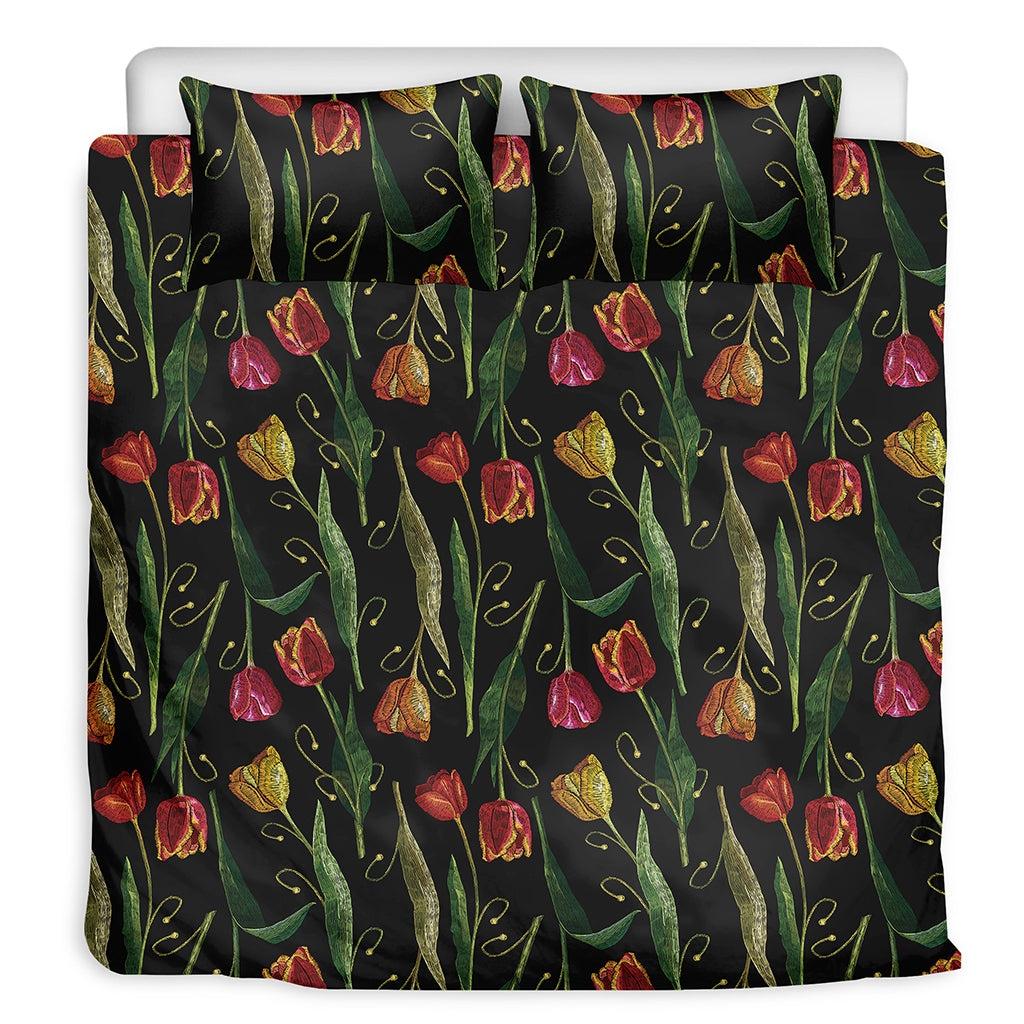 Embroidery Tulip Pattern Print Duvet Cover Bedding Set