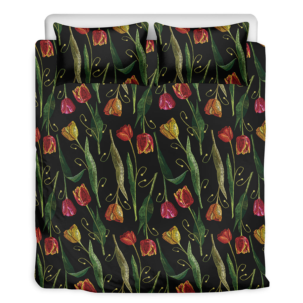 Embroidery Tulip Pattern Print Duvet Cover Bedding Set