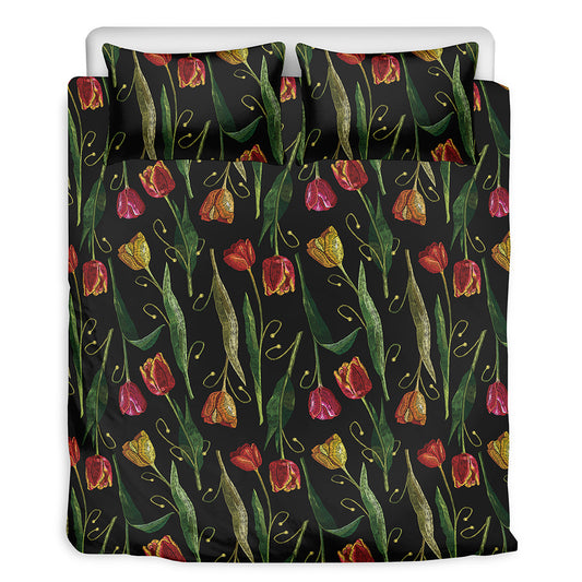 Embroidery Tulip Pattern Print Duvet Cover Bedding Set