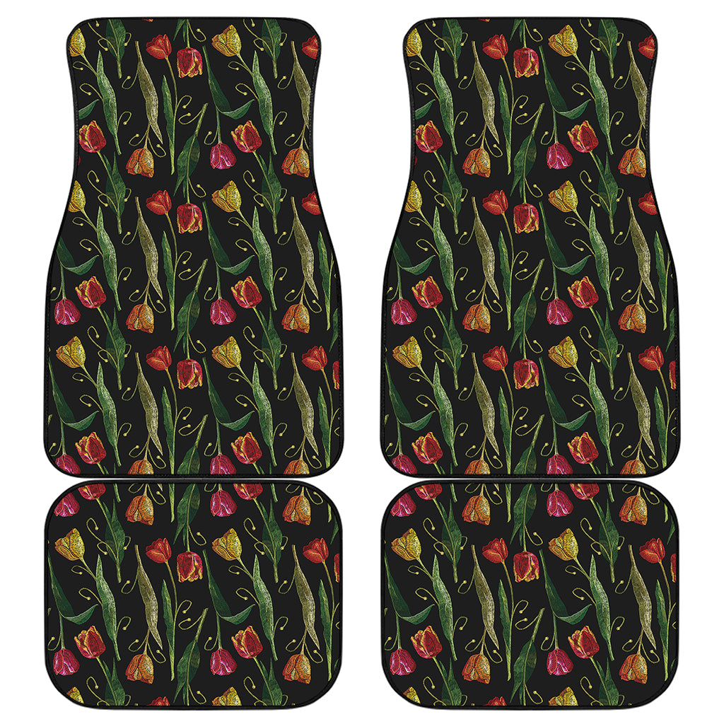 Embroidery Tulip Pattern Print Front and Back Car Floor Mats