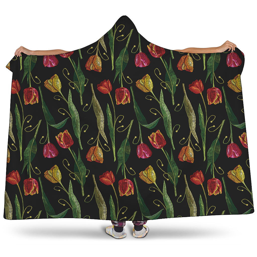 Embroidery Tulip Pattern Print Hooded Blanket