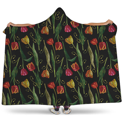 Embroidery Tulip Pattern Print Hooded Blanket