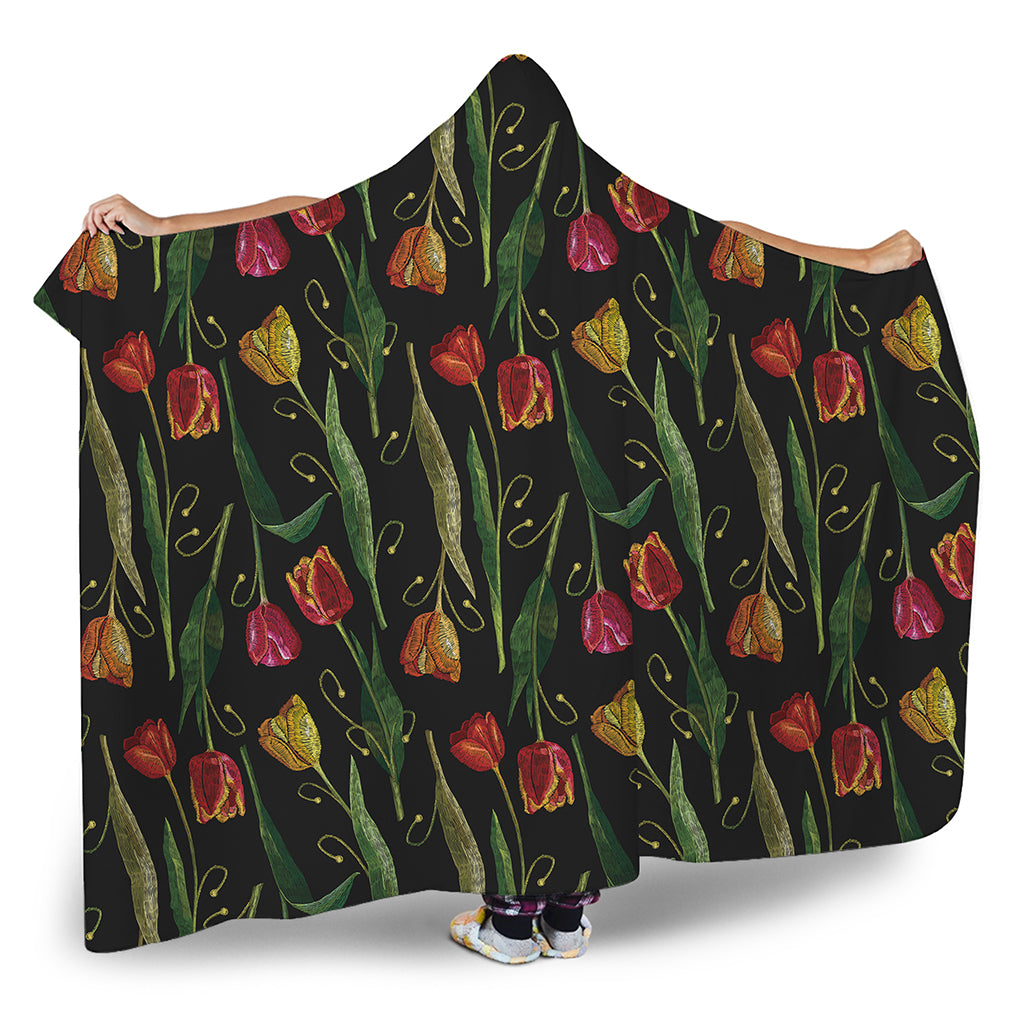 Embroidery Tulip Pattern Print Hooded Blanket