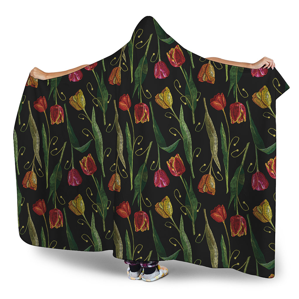 Embroidery Tulip Pattern Print Hooded Blanket