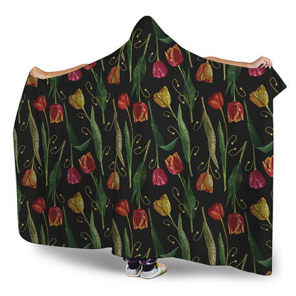 Embroidery Tulip Pattern Print Hooded Blanket