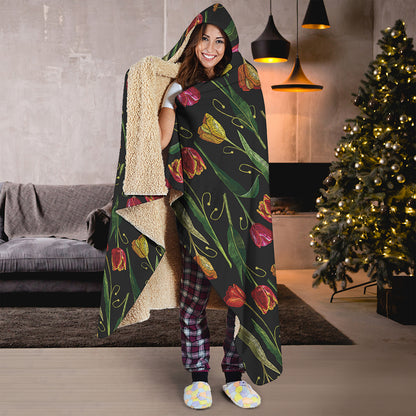 Embroidery Tulip Pattern Print Hooded Blanket